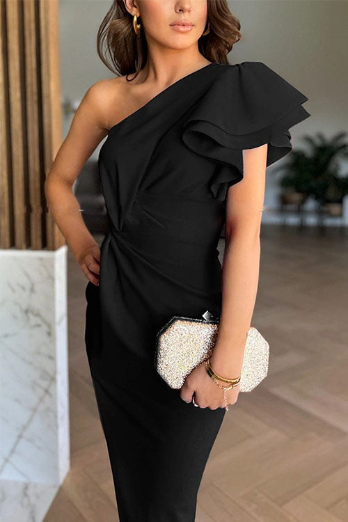 Ivy | Off-shoulder Ruffle Sleeve Slit Midi Dress